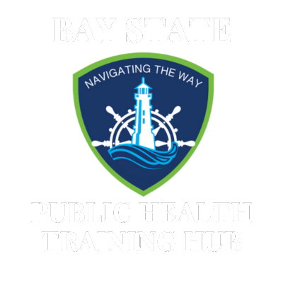 Bay State Training Hub Logo Seal With a Lime Green Outer Shield Outline With aA Dark Blue Center Colored Shield With WHite Nautical Wheel and a baby blue lighthouse outline with baby blue waves at the base of the lighthouse. Shield has a slogan that reads "Navigating The Way"