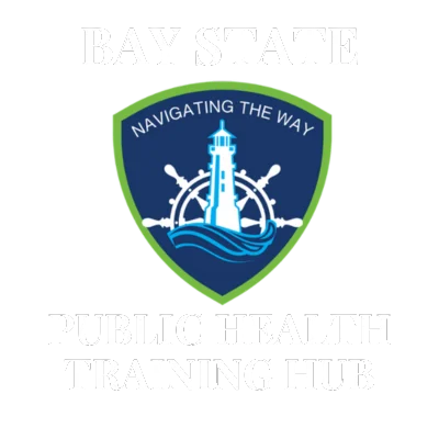 Bay State Training Hub Logo Seal With a Lime Green Outer Shield Outline With aA Dark Blue Center Colored Shield With WHite Nautical Wheel and a baby blue lighthouse outline with baby blue waves at the base of the lighthouse. Shield has a slogan that reads "Navigating The Way"