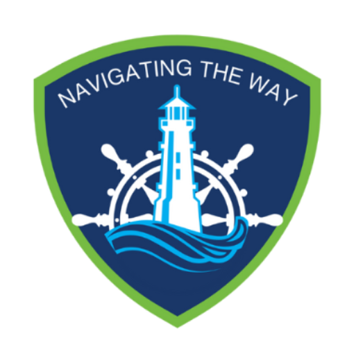 Bay State Training Hub Logo Seal With a Lime Green Outer Shield Outline With aA Dark Blue Center Colored Shield With WHite Nautical Wheel and a baby blue lighthouse outline with baby blue waves at the base of the lighthouse. Shield has a slogan that reads "Navigating The Way"