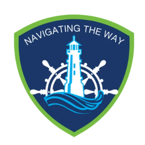 Bay State Training Hub Logo Seal With a Lime Green Outer Shield Outline With aA Dark Blue Center Colored Shield With WHite Nautical Wheel and a baby blue lighthouse outline with baby blue waves at the base of the lighthouse. Shield has a slogan that reads "Navigating The Way"