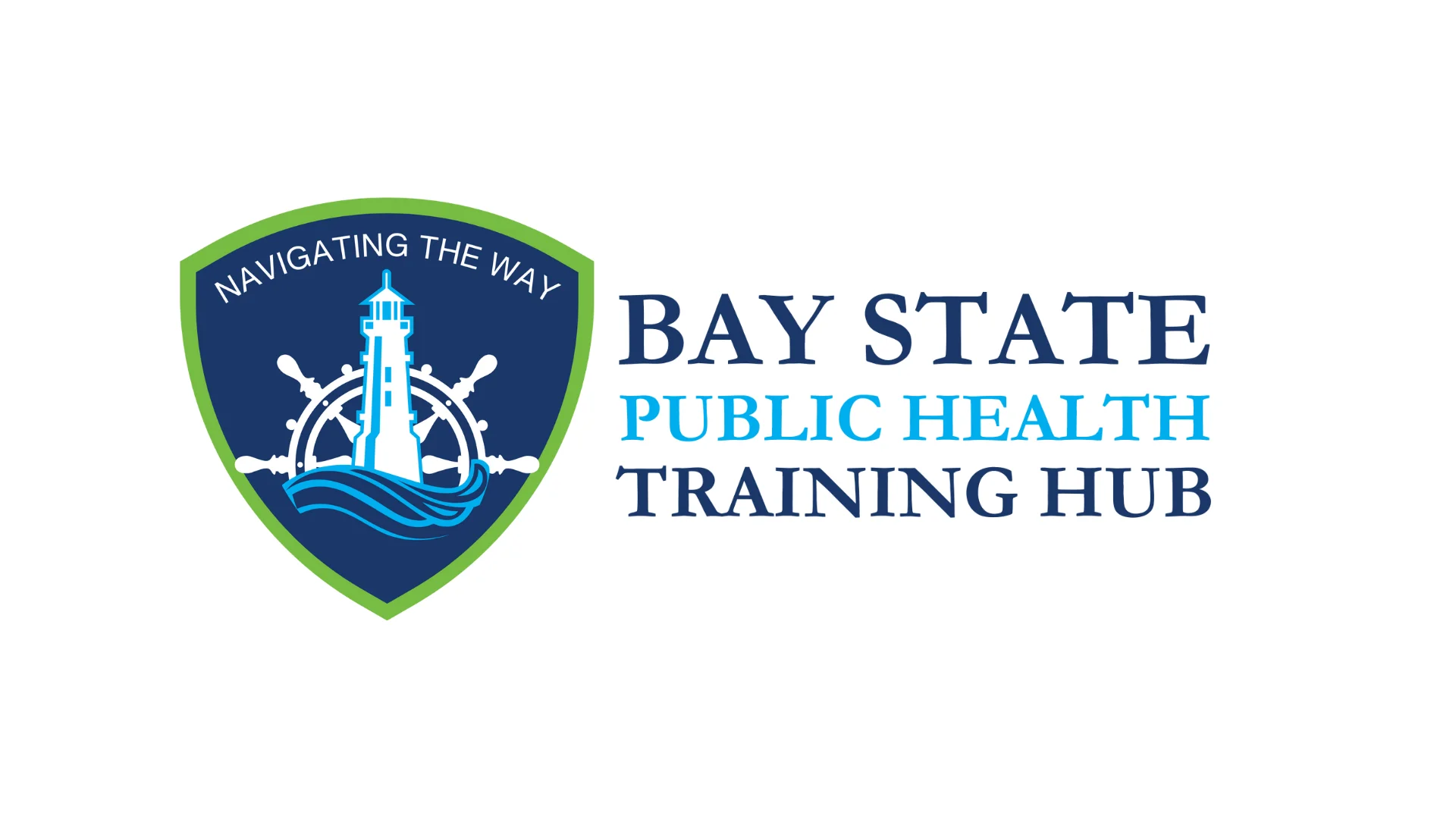 The Bay State Public Health Logo, Lime Green Shield Outline, and Dark Blue Shield Center With "Navigating The Way" Slogan At The Top Of The Shield. Shield Has A Nautical Wheel That is White With A Baby Blue Out Line and Baby Blue Waves At The Base of The Lighthouse.