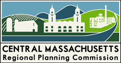 Central Massachusetts Regional Planning Commission Logo With Image of Vectorized Rural Town Scenic View With Blue Sky Hills and Farmland With A White Farmhouse & White Buildings