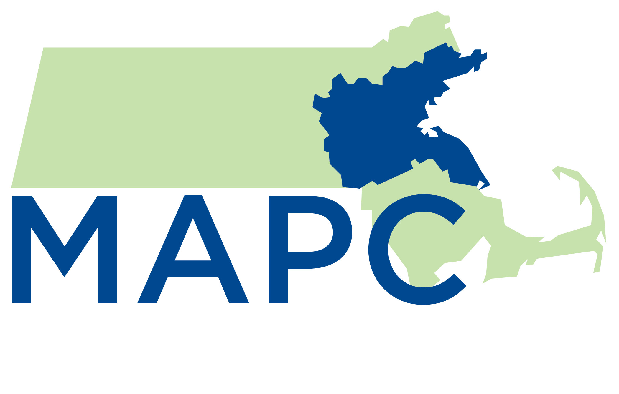 The Metropolitan Area Planning Council (MAPC) Logo Appears as A light green shadow of the state of Massachusetts with the Eastern Massachusetts Service Area highlighted in Blue with the MAPC acronym in blue at the base of the state image