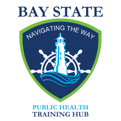 Bay State Training Hub Logo Seal With a Lime Green Outer Shield Outline With aA Dark Blue Center Colored Shield With WHite Nautical Wheel and a baby blue lighthouse outline with baby blue waves at the base of the lighthouse. Shield has a slogan that reads "Navigating The Way"