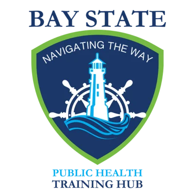 Bay State Training Hub Logo Seal With a Lime Green Outer Shield Outline With aA Dark Blue Center Colored Shield With WHite Nautical Wheel and a baby blue lighthouse outline with baby blue waves at the base of the lighthouse. Shield has a slogan that reads "Navigating The Way"