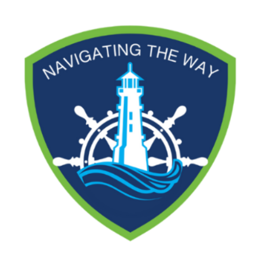 Bay State Training Hub Logo Seal With a Lime Green Outer Shield Outline With aA Dark Blue Center Colored Shield With WHite Nautical Wheel and a baby blue lighthouse outline with baby blue waves at the base of the lighthouse. Shield has a slogan that reads "Navigating The Way"