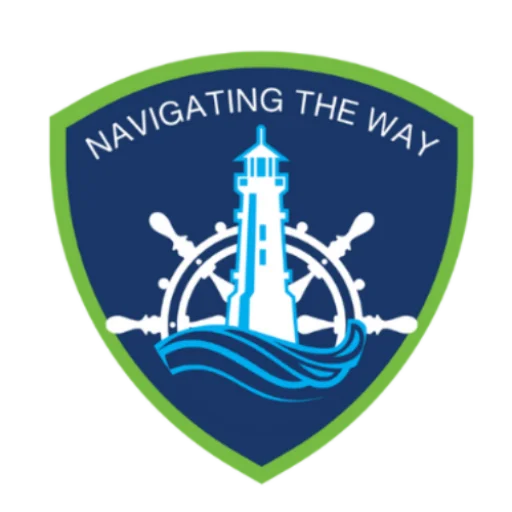 Bay State Training Hub Logo Seal With a Lime Green Outer Shield Outline With aA Dark Blue Center Colored Shield With WHite Nautical Wheel and a baby blue lighthouse outline with baby blue waves at the base of the lighthouse. Shield has a slogan that reads "Navigating The Way"