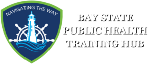 Bay State Training Hub Logo Seal With a Lime Green Outer Shield Outline With aA Dark Blue Center Colored Shield With WHite Nautical Wheel and a baby blue lighthouse outline with baby blue waves at the base of the lighthouse. Shield has a slogan that reads "Navigating The Way"