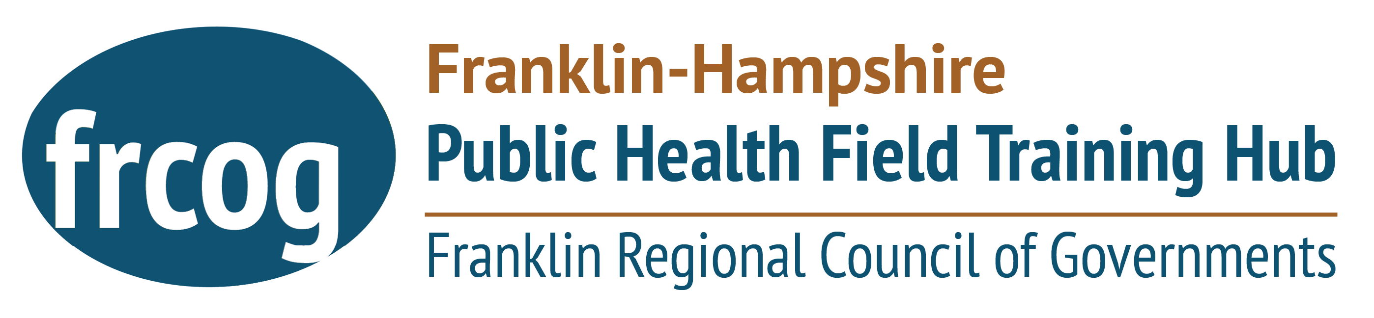 Franklin Regional Council of Governments logo encompassed in a three swirling colored logo split between an aqua, green, & blue oval shading with the acronym letters "frcog"