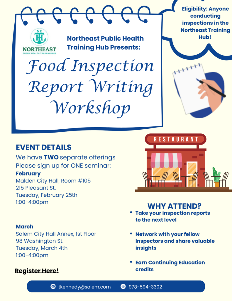 Northeast Public Health Training HubFood Inspection Report Writing Workshop Flyer 2.25.25_3.4.25