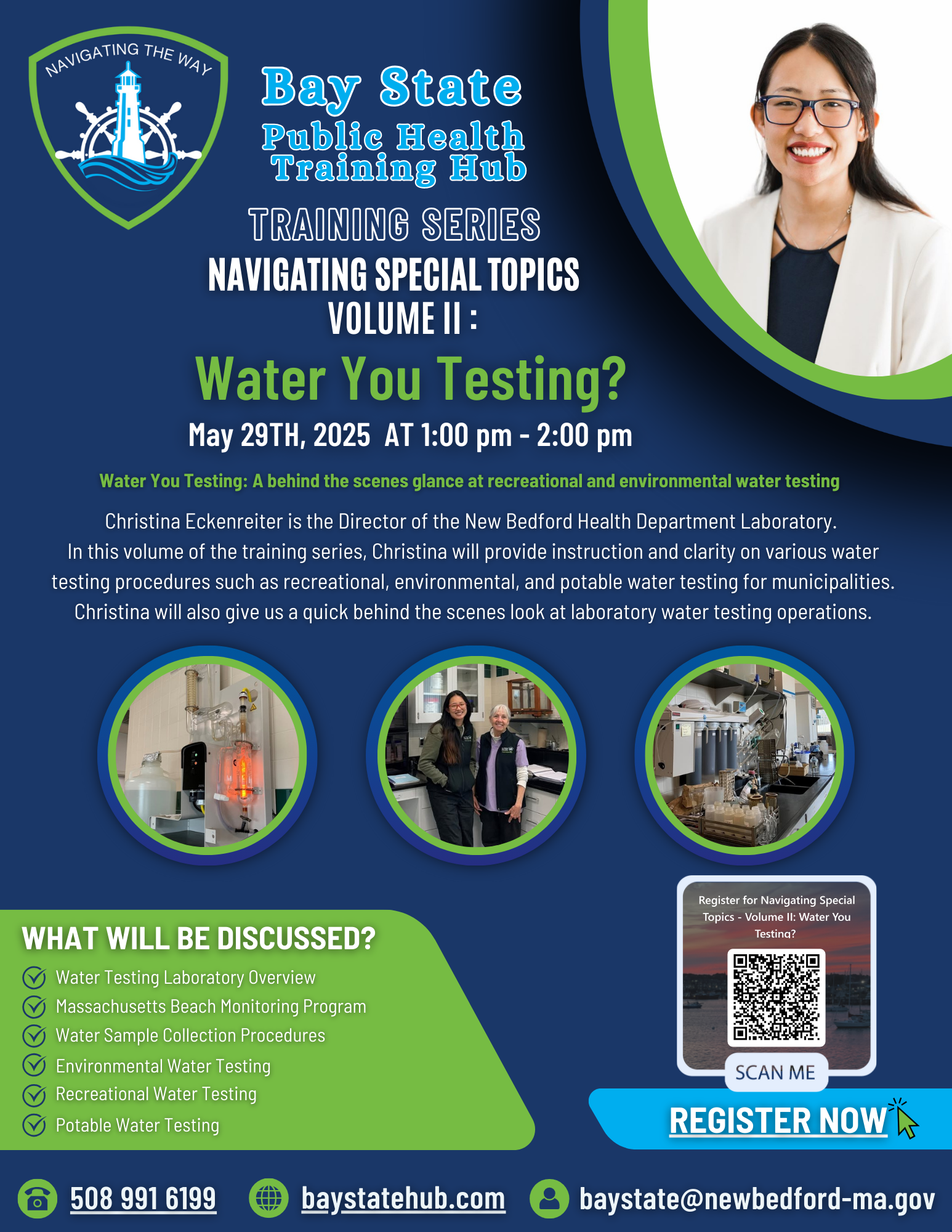 This is an image of a flyer created to promote and allow registrations to The Bay State Public Health Training Hub Volume II of their Navigating Special Topics Training Series named "Water You Testing?" which will give you a behind the scene look at laboratory operations and water sampling procedures.
